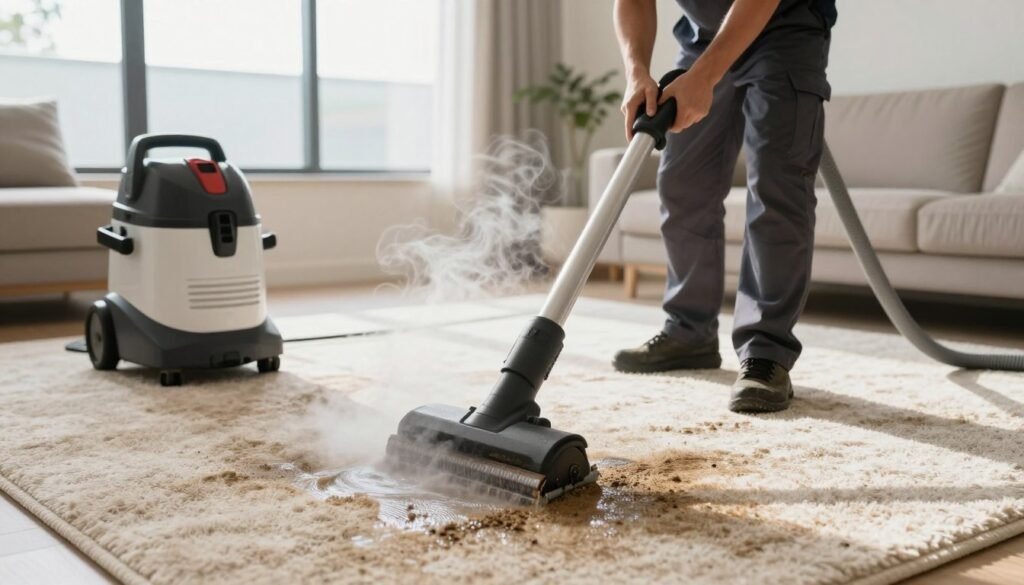 A skilled technician from Lake Geneva Carpet Cleaning uses a powerful hot water extraction machine to clean a plush, beige carpet in a bright, modern living room. The technician, dressed in a professional uniform, focuses intently on the task, with steam rising from the carpet as the machine pulls dirt and stains away. The middle ground showcases light reflecting off the freshly cleaned areas, emphasizing the contrast between clean and dirty sections of carpet. In the background, a large window allows natural light to spill into the space, creating a warm and inviting atmosphere. The scene captures the essence of effective carpet maintenance, highlighting both the equipment and the meticulous process involved in hot water extraction. A skilled technician from Lake Geneva Carpet Cleaning uses a powerful hot water extraction machine to clean a plush, beige carpet in a bright, modern living room. The technician, dressed in a professional uniform, focuses intently on the task, with steam rising from the carpet as the machine pulls dirt and stains away. The middle ground showcases light reflecting off the freshly cleaned areas, emphasizing the contrast between clean and dirty sections of carpet. In the background, a large window allows natural light to spill into the space, creating a warm and inviting atmosphere. The scene captures the essence of effective carpet maintenance, highlighting both the equipment and the meticulous process involved in hot water extraction.