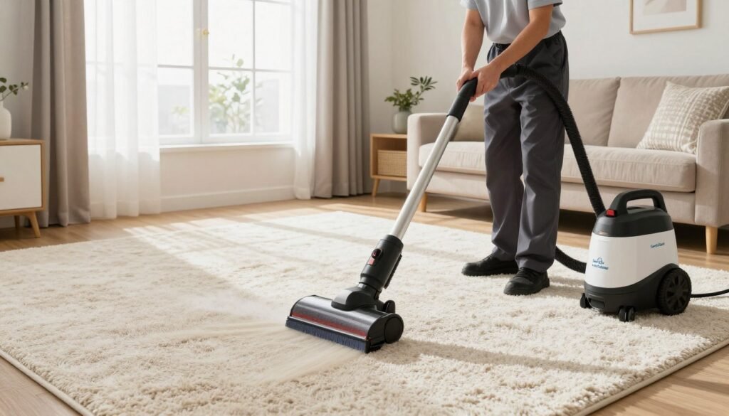 A spacious, bright living room featuring a plush, well-maintained carpet being deep-cleaned by a professional cleaner in neat, modest business attire. In the foreground, the cleaner uses a state-of-the-art carpet cleaning machine, showcasing intricate details of the equipment and the vibrant carpet fibers being rejuvenated. The middle ground reveals a sunlit window with sheer curtains, adding warmth to the scene. In the background, a cozy, stylish sofa and tasteful decor create an inviting atmosphere. Soft, natural lighting enhances the cleanliness and freshness of the space, while the brand name "Lake Geneva Carpet Cleaning" is displayed on the side of the cleaning machine. The overall mood conveys a sense of care and commitment to carpet longevity.