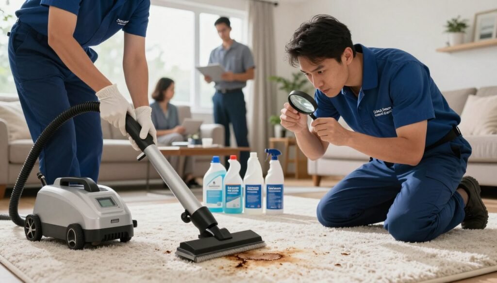 A team of carpet stain removal experts from Lake Geneva Carpet Cleaning, dressed in professional business attire, is actively working in a well-lit home setting. In the foreground, one technician is using advanced cleaning equipment to lift a tough stain from a plush, light-colored carpet, while another expert analyzes the stain with a magnifying glass, showcasing their meticulous attention to detail. The middle ground features various cleaning products neatly organized, emphasizing their advanced techniques. The background showcases a cozy, well-decorated living room with natural light streaming in through large windows, creating an inviting atmosphere. The overall mood is one of professionalism and expertise, highlighting the importance of effective stain removal solutions.