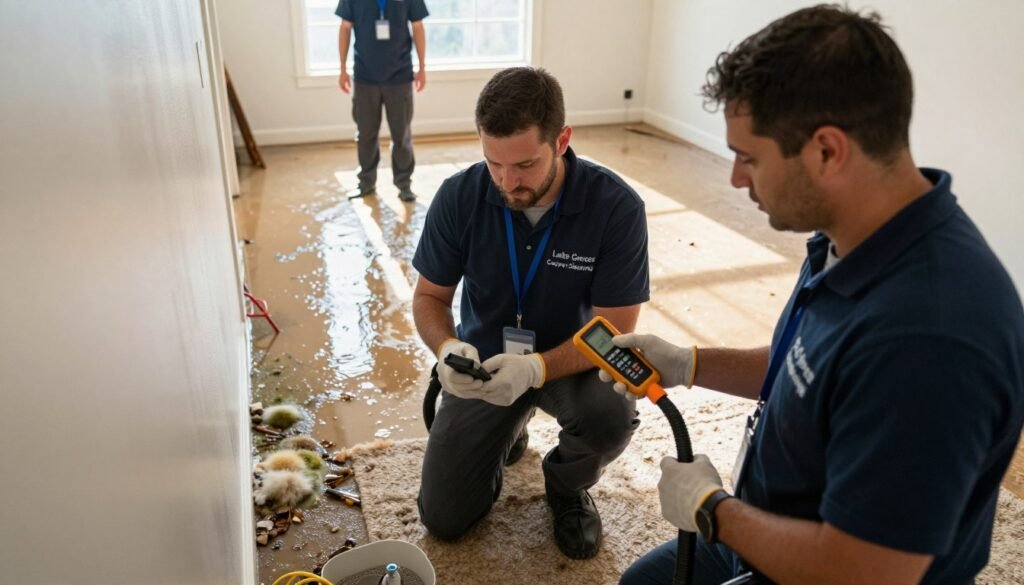 A team of certified flood water removal professionals in action, wearing professional business attire, demonstrating expertise in addressing mold growth and remediation. In the foreground, focus on two individuals using specialized equipment to inspect damaged areas in a flooded home. One professional is holding a moisture meter while the other examines wall surfaces, both displaying a sense of urgency. In the middle ground, show partially flooded rooms with wet carpets, water stains on the walls, and visible signs of mold growth. The background features sunlight streaming through a window, illuminating the scene, with shadows casting a realistic depth. Capture the mood of determination and professionalism, ensuring the branding "Lake Geneva Carpet Cleaning" is subtly incorporated on the equipment. Use a slightly elevated angle to encompass the entire scene, ensuring it feels engaging and informative.
