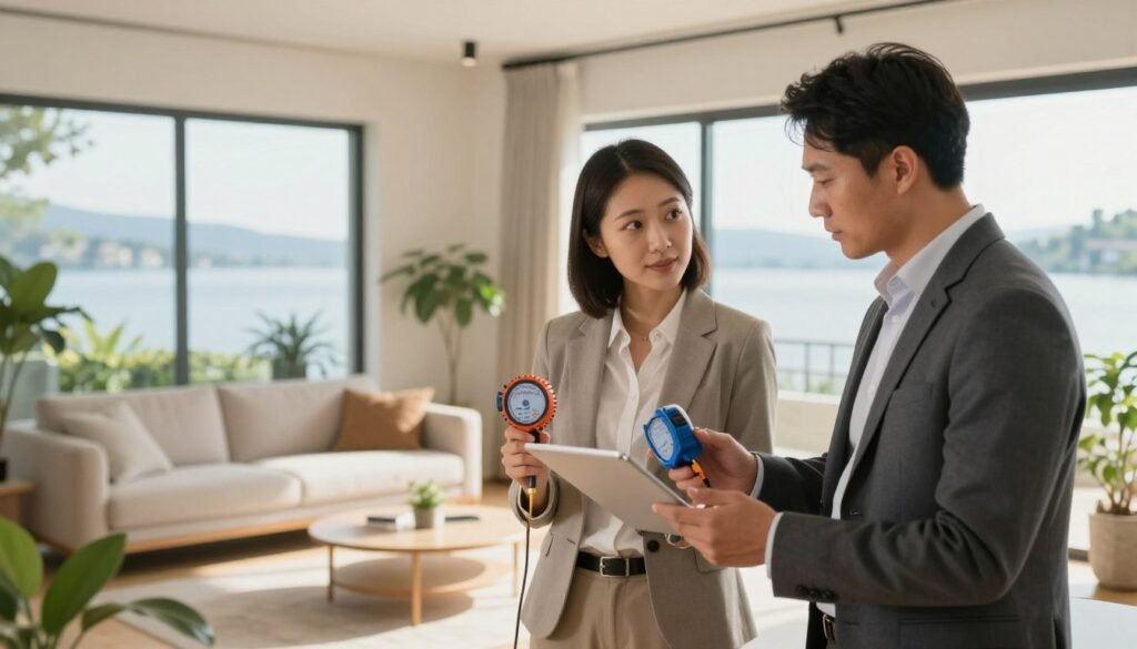 A team of local indoor air quality (IAQ) specialists from "Lake Geneva Carpet Cleaning" are actively inspecting an indoor environment for air quality issues. In the foreground, two professionals in smart business attire are holding measuring instruments and discussing readings with focused expressions. In the middle ground, a modern home interior shows a clean, inviting living room with houseplants and large windows allowing soft natural light to filter through. The background features a serene view of Lake Geneva, adding to the peaceful atmosphere of the scene. The overall mood is one of professionalism and trust, with warm lighting highlighting the specialists’ dedication to improving indoor air quality and promoting a healthier home.