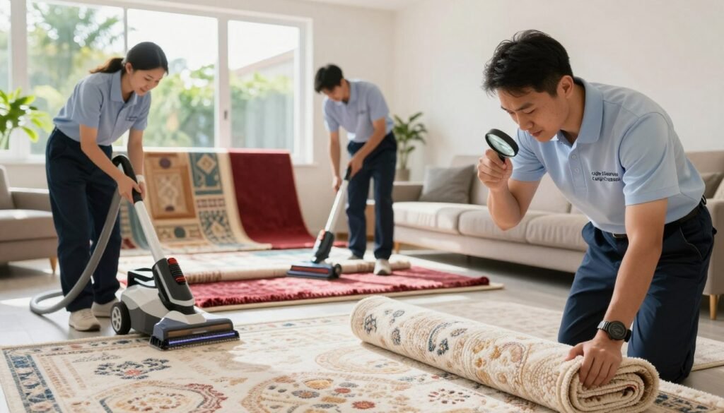 A team of professional carpet cleaning experts from "Lake Geneva Carpet Cleaning" assembles in a bright, modern living room, showcasing their expertise. In the foreground, one expert holds a high-tech carpet cleaning machine, while another is inspecting a carpet with a magnifying glass, dressed in smart, professional uniforms. In the middle ground, an array of colorful, clean carpets is displayed, highlighting their quality and texture. The background features a sunlit window with lush greenery outside, letting in warm, natural light that enhances the cleanliness of the scene. The atmosphere is inviting and informative, capturing the essence of professionalism and trustworthiness in carpet care. The angle is slightly elevated, providing depth and focus on the experts, emphasizing their knowledge and dedication.