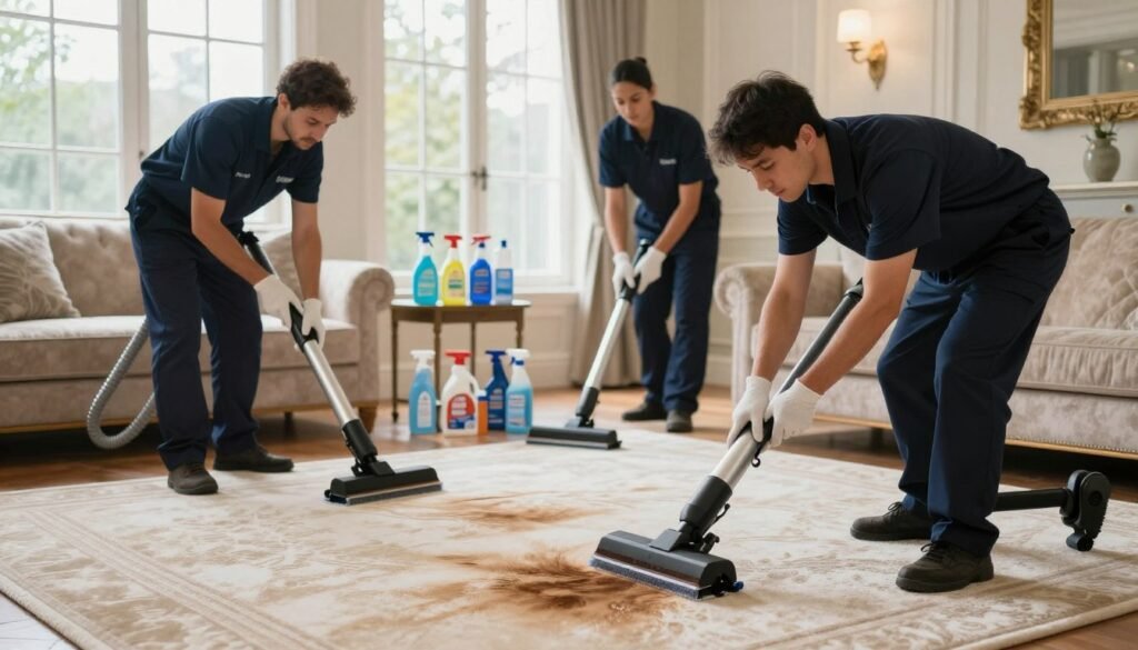 A team of stain removal experts from "Lake Geneva Carpet Cleaning" is actively working to restore a rich, textured carpet in a well-lit, upscale living room. In the foreground, two professionals, dressed in smart uniforms, are demonstrating effective stain removal techniques with advanced cleaning equipment, carefully focusing on a stained area of the carpet. The middle ground features a variety of cleaning products neatly arranged on a side table, showcasing their commitment to quality care. In the background, large windows allow natural light to flood the room, illuminating the elegant decor and creating a warm and inviting atmosphere. The overall mood conveys expertise, professionalism, and dedication to restoring the beauty of carpeted spaces.
