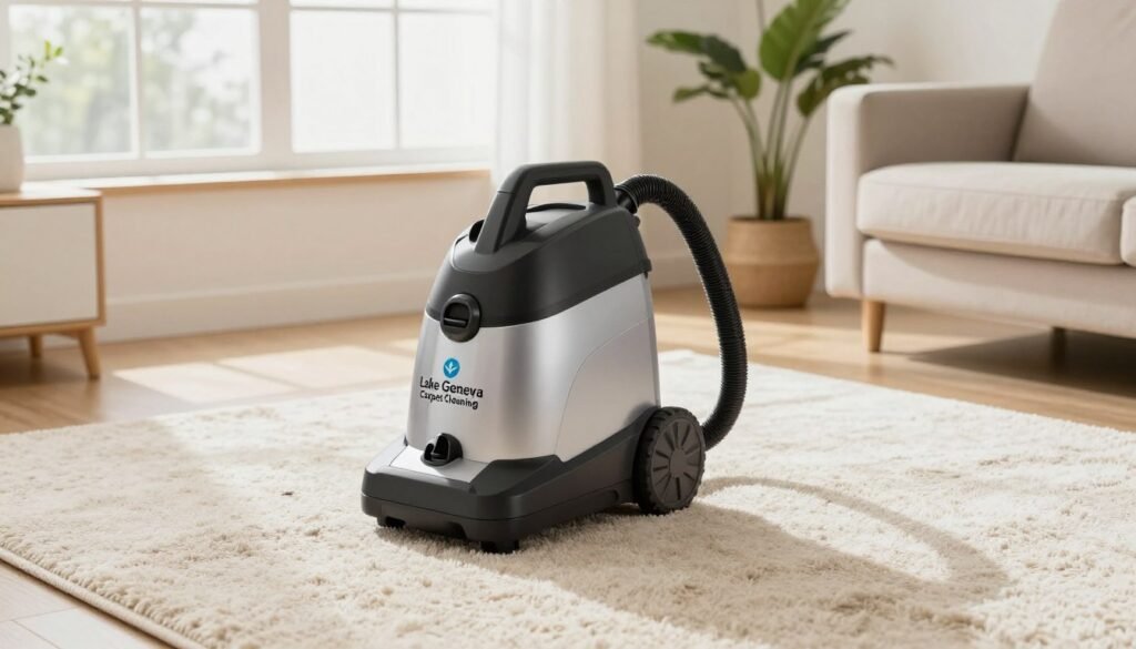 A tidy and inviting living room showcases an affordable carpet cleaner from "Lake Geneva Carpet Cleaning". In the foreground, the cleaning machine, sleek in design, is positioned prominently next to a plush, light-colored carpet, showing signs of recent cleaning, emphasizing its effectiveness. The middle ground features a bright, sunlit window, allowing natural light to illuminate the room, creating a warm and welcoming atmosphere. In the background, a potted plant adds a touch of greenery, enhancing the eco-friendly theme. The overall mood is fresh and vibrant, representing a healthy living environment. Utilize soft natural lighting for a calming effect, capturing the scene from a slightly elevated angle to provide depth and context.