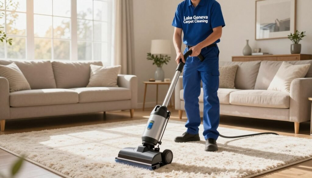A vibrant scene depicting a professional carpet cleaning service in action. In the foreground, a well-dressed technician in a branded shirt from "Lake Geneva Carpet Cleaning" is using a state-of-the-art carpet cleaning machine on a plush, light-colored carpet. The middle ground features a cozy living room setting with sunlight streaming through large windows, illuminating the room and highlighting the freshness of the cleaned carpet. In the background, there are tasteful home decorations, hinting at a welcoming environment. The lighting is warm and inviting, creating a cheerful and trustworthy atmosphere. The overall mood is professional yet approachable, showcasing current promotions for new customers.