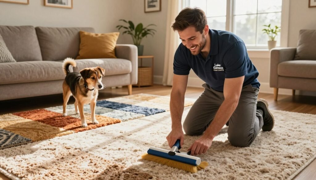 A warm and inviting scene showcasing "Lake Geneva Carpet Cleaning" professionals engaged in cleaning pet-friendly flooring in a cozy living room setting in Elkhorn, WI. In the foreground, a smiling technician in professional attire demonstrates cleaning techniques on a plush, soft carpet, while a playful dog watches curiously nearby. The middle ground features an array of stylish pet-friendly carpets and flooring options, with natural fibers and vibrant, earthy tones. In the background, a sunlit window allows soft, golden light to fill the room, enhancing the welcoming atmosphere. The overall mood is friendly and informative, emphasizing community service and expertise in maintaining a pet-friendly environment. The angle captures both the technician's detailed work and the joyous interaction between pets and their owners.