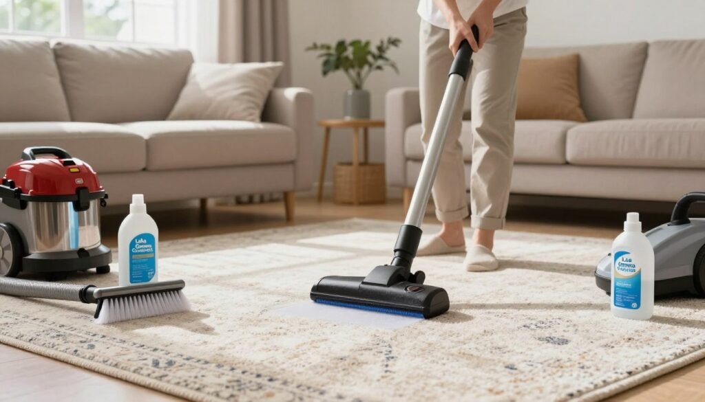 A well-organized carpet maintenance setup showcasing tips for preserving the beauty and longevity of carpets. In the foreground, a clean, well-maintained carpet with subtle patterns, featuring a few tools like a vacuum cleaner, carpet brush, and cleaning solutions thoughtfully arranged. In the middle ground, a professional, dressed in modest casual attire, demonstrating proper vacuuming techniques or spot cleaning. The background includes a cozy living room scene with natural light filtering through a window, creating a warm atmosphere, and an inviting ambiance. Soft shadows add depth, and the composition conveys a sense of professionalism and care. The brand name "Lake Geneva Carpet Cleaning" is incorporated through visual elements, like branded tools or cleaning products, subtly indicating expertise in carpet maintenance.