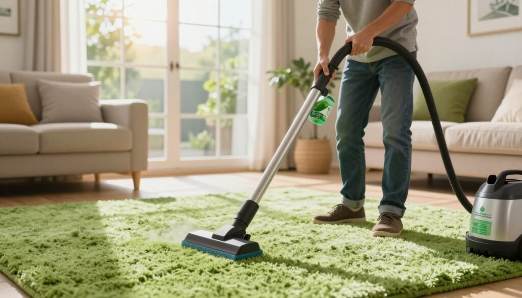 An eco-friendly carpet cleaning scene featuring a professional technician from Lake Geneva Carpet Cleaning in modest casual clothing, demonstrating a green carpet cleaning solution. In the foreground, show the technician actively using a steam cleaner with natural cleaning products, surrounded by plush, vibrant carpets. The middle ground reveals a bright, sunlit living room with large windows letting in warm, natural light, showcasing the clean and inviting space. In the background, lush greenery can be seen through the windows, emphasizing the eco-friendly aspect. The atmosphere is fresh and rejuvenating, designed to evoke a sense of cleanliness and seasonal refreshment, captured with a soft focus effect to enhance the warmth and inviting feel of the home environment.