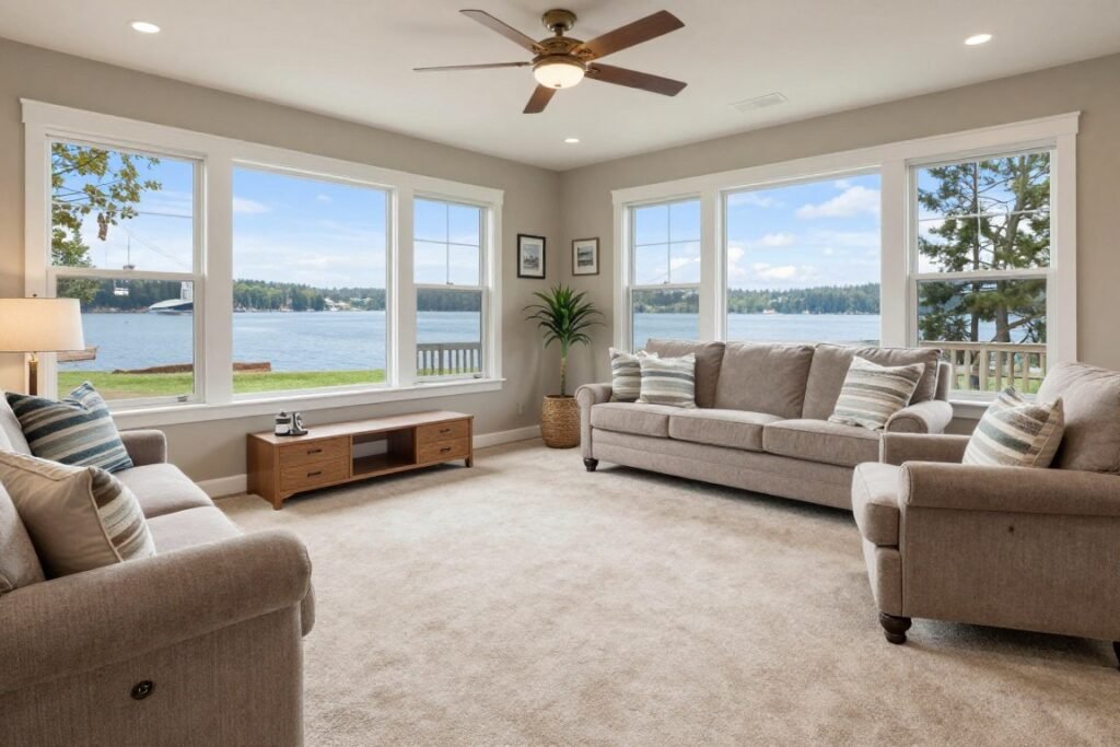 Beautiful clean living room carpet in Lake Geneva home after professional cleaning