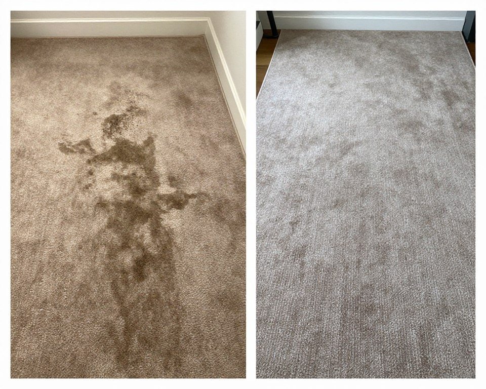 Before and after carpet cleaning comparison showing stain removal