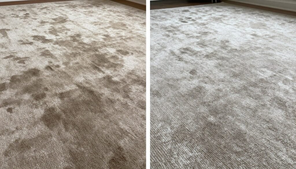 Before and after carpet cleaning results showing dirt removal