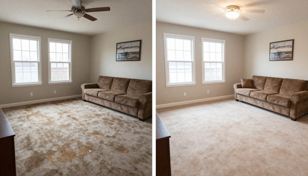 Before and after carpet cleaning transformation Burlington Wisconsin