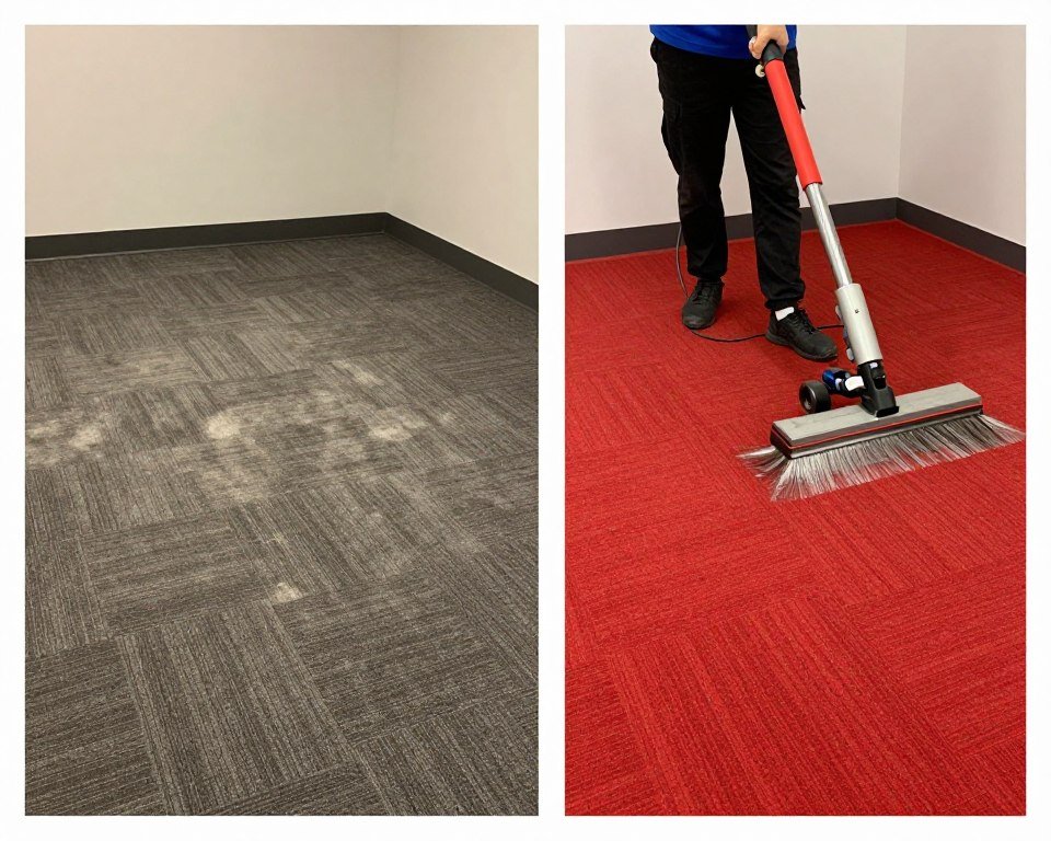 Before and after comparison of worn carpet restored through professional deep cleaning