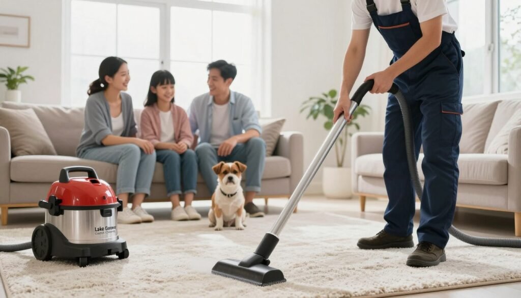 Carpet stain removal experts from "Lake Geneva Carpet Cleaning" are depicted in a well-lit, modern living room. In the foreground, a professional cleaner in a smart uniform is using a high-tech steam cleaner on a carpet, showcasing their expertise. In the middle, a family is watching with smiles, relaxed and content, while a small dog sits nearby, emphasizing a pet-friendly environment. The background features bright, natural light streaming through large windows, adding warmth to the scene. The atmosphere feels inviting and safe, promoting a sense of trust in carpet cleaning services. The lens perspective captures the intimate interaction between the experts and the family, highlighting professionalism and care.