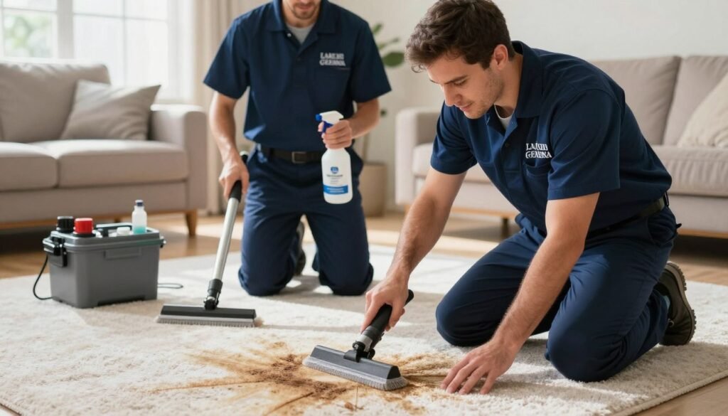 Carpet stain removal experts in action, showcasing two professionals from Lake Geneva Carpet Cleaning. In the foreground, one expert is kneeling with a stain removal tool, focusing intently on a stubborn carpet stain, while the other stands beside them holding a spray bottle, ready to assist. Both individuals are wearing smart, professional attire: navy blue uniforms with logo patches. The middle ground features a detailed view of the carpet with visibly stained sections and cleaning equipment around them, highlighting the importance of proper techniques. The background reveals a well-lit, inviting living room, with sunlight streaming through a window, creating an airy and clean atmosphere. The overall mood is focused, yet optimistic, emphasizing the dedication to restoring carpets expertly.