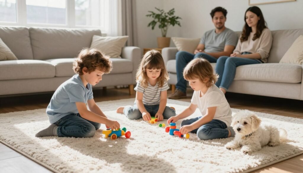 Children and pets safely playing on freshly cleaned carpet