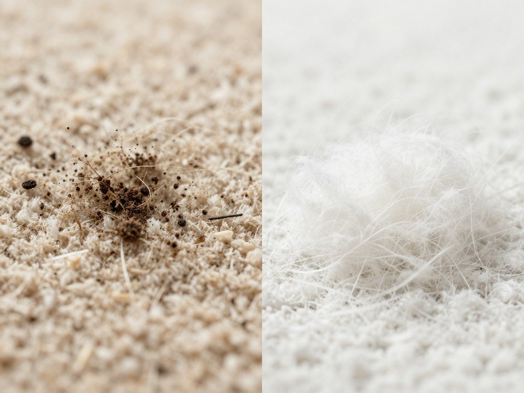 Close-up comparison of dirty versus clean carpet fibers showing deep cleaning results