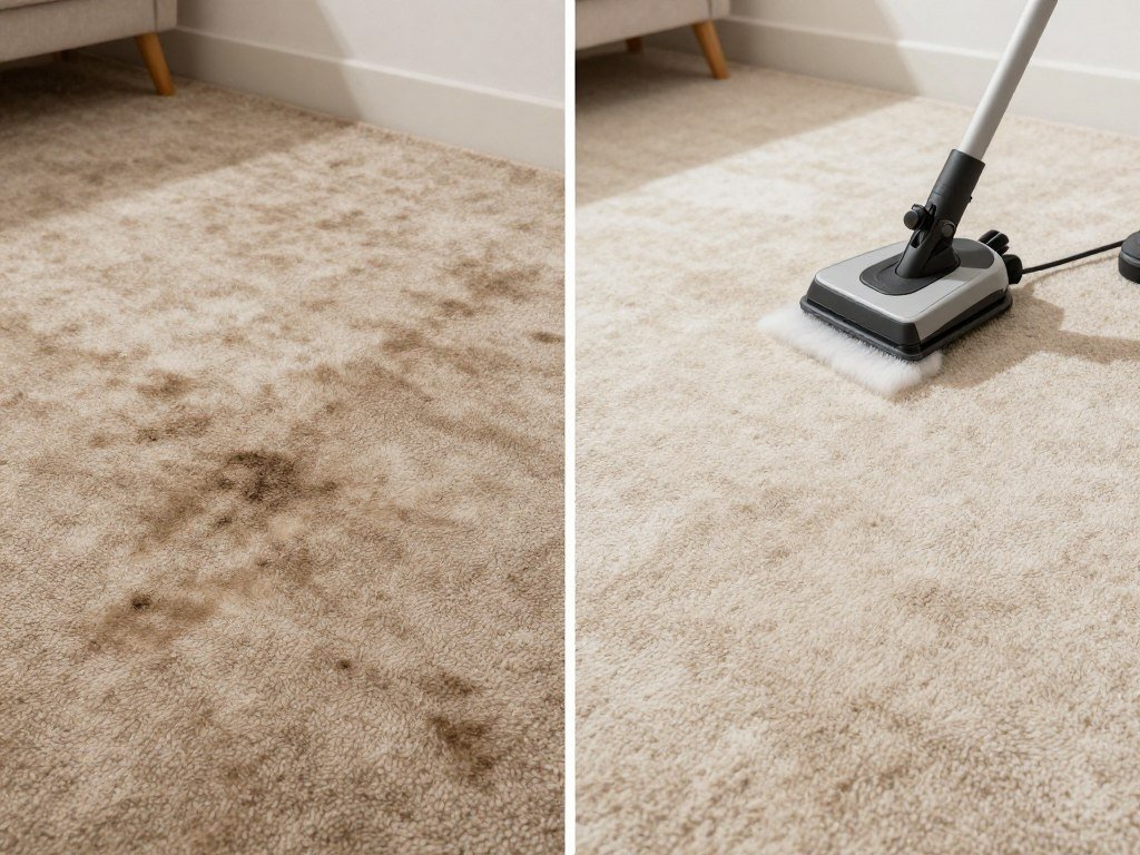 Comparison showing dirty carpet versus professionally cleaned carpet in Lake Geneva home