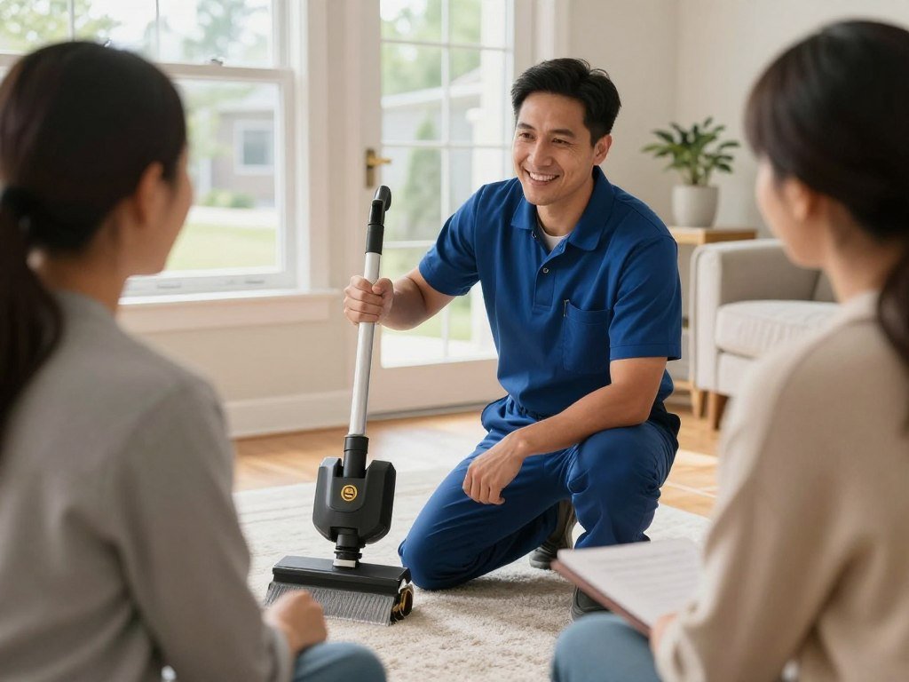 Customer consultation with carpet cleaning professional discussing service
