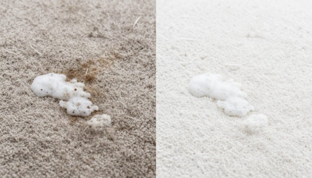 Damaged carpet from low quality cleaning showing wear and residue