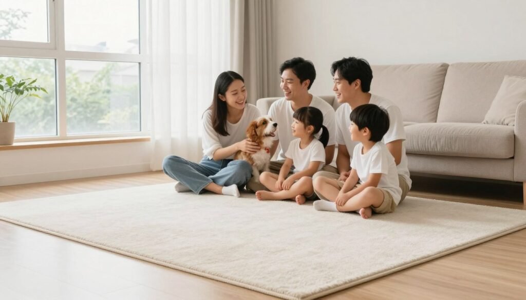 Family with children and pets on clean carpet showing healthy home environment