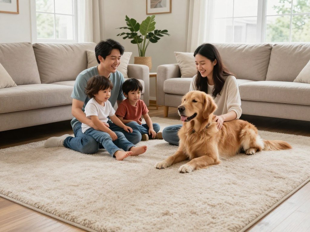 Happy family with children and pets on freshly cleaned carpet in Burlington home
