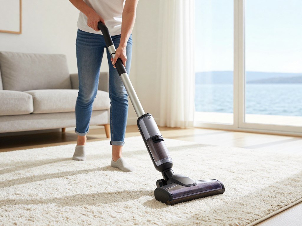 Homeowner performing regular carpet maintenance with vacuum in Lake Geneva home