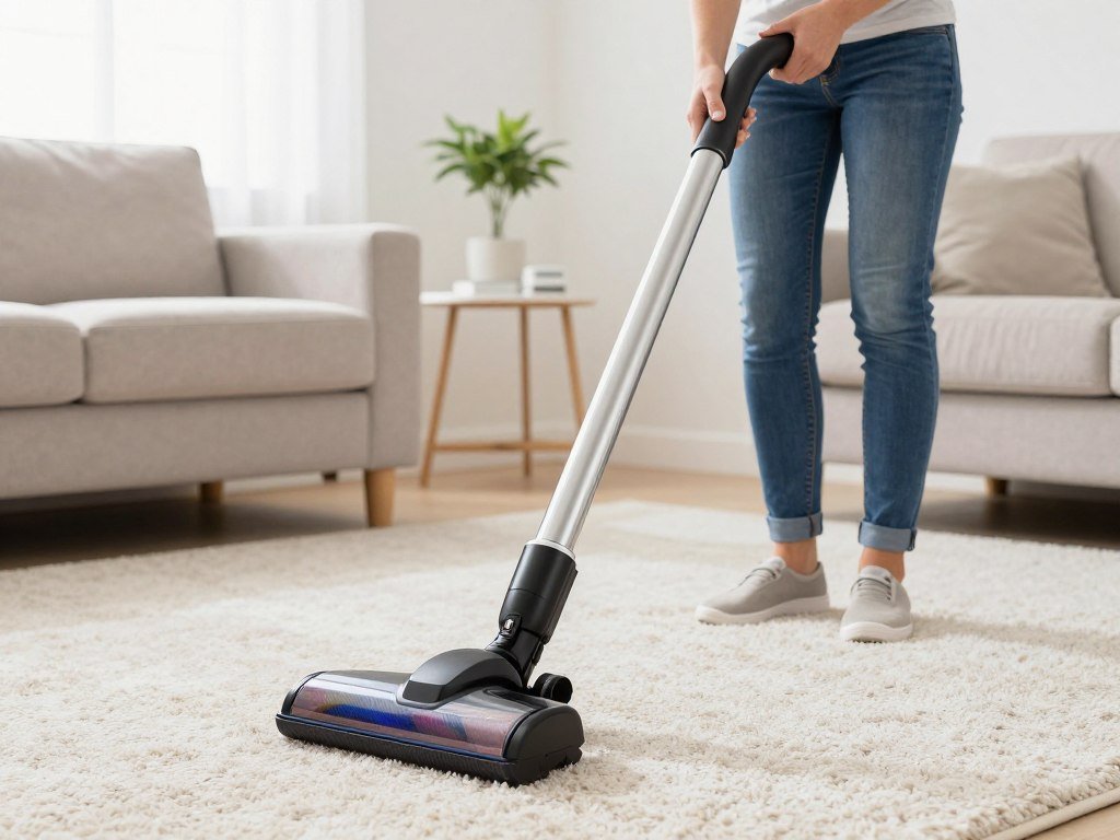 Homeowner vacuuming carpet for regular maintenance between professional cleanings