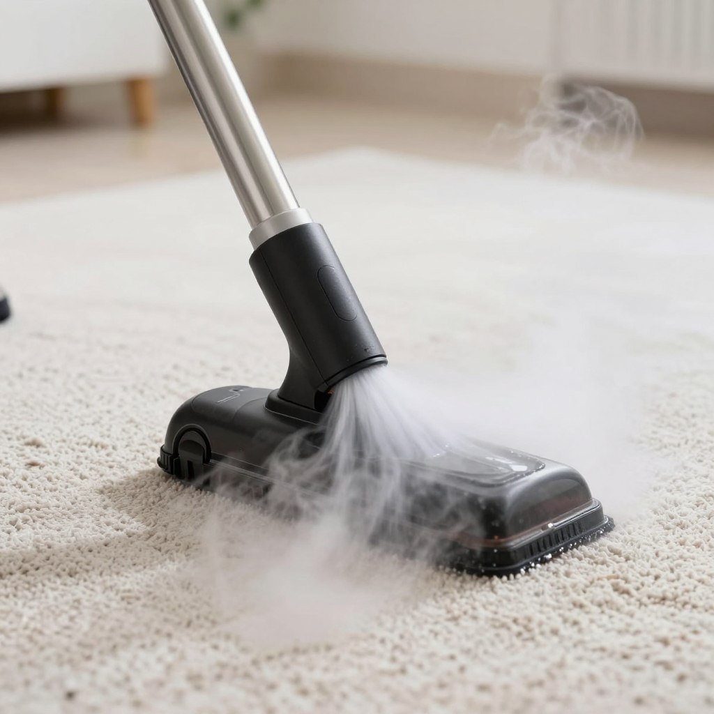 Hot water extraction carpet cleaning method showing steam and deep cleaning action
