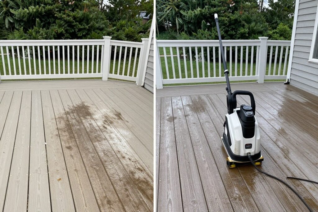 Power washing cleaning outdoor deck and patio surfaces