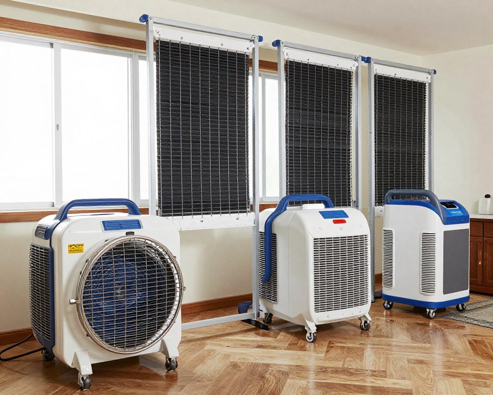 Professional air movers drying flooded room