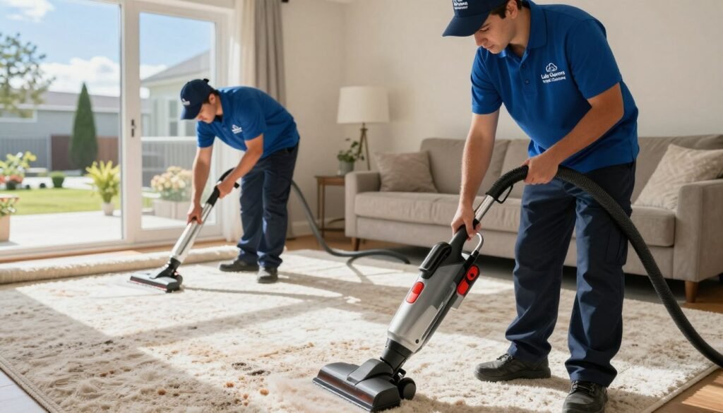 Professional carpet cleaners at work, focusing on two technicians in smart uniforms with the logo "Lake Geneva Carpet Cleaning" prominently displayed. In the foreground, one cleaner is using advanced professional equipment, showcasing a powerful vacuum and carpet cleaning machine, while the other inspects a large, stained carpet. The middle ground features a residential living room with plush carpets and natural light streaming through a window, enhancing the cleanliness of the space. The background includes a glimpse of the exterior, with tidy landscaping and a bright blue sky. The mood is one of professionalism and trust, reflecting the expertise and reliability of carpet cleaning services, with soft shadows and vibrant colors emphasizing cleanliness and care in home maintenance.