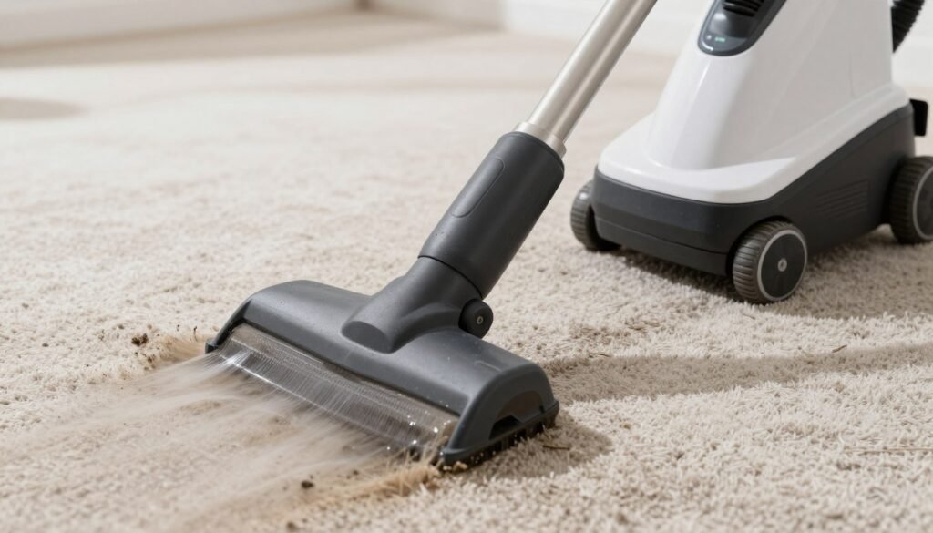 Professional carpet cleaning equipment and process showing steam cleaning