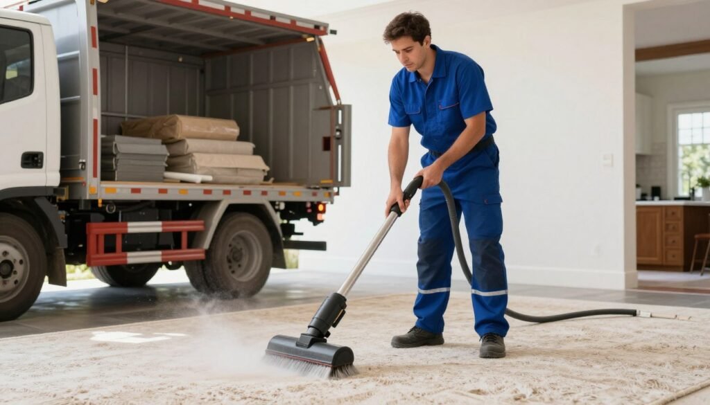Professional carpet cleaning technician operating hot water extraction equipment