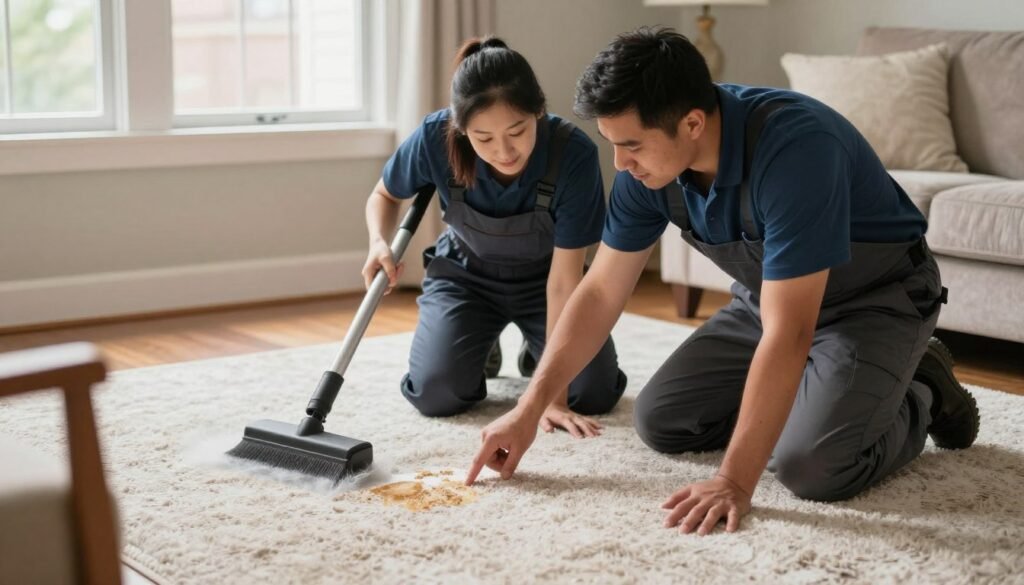 Professional carpet cleaning technician performing pre-treatment inspection in Lake Geneva home