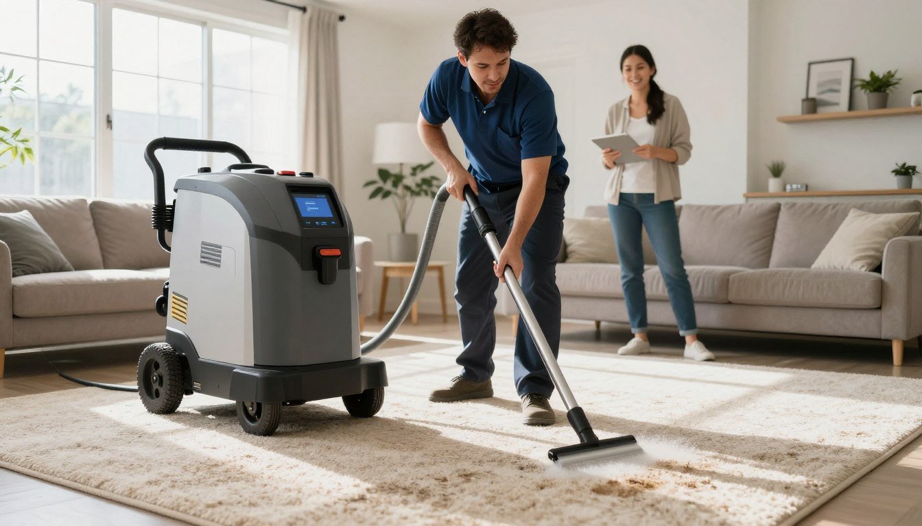 Professional carpet cleaning technician using truck-mounted equipment in Burlington Wisconsin home