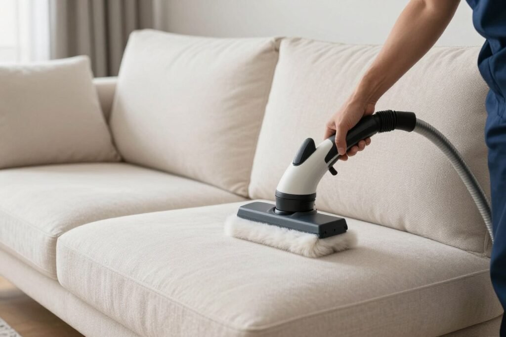 Professional upholstery cleaning service being performed on furniture