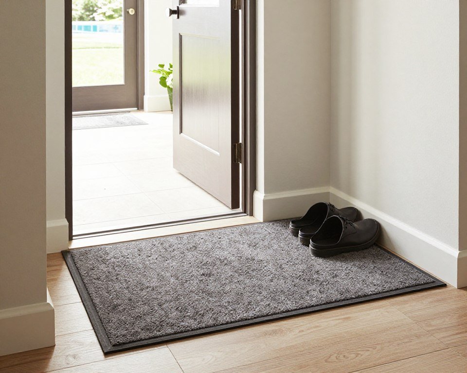 Protective mat placement at home entry to prevent carpet dirt