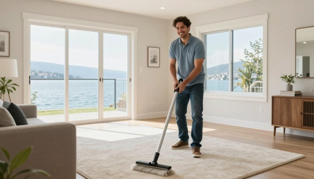 Satisfied Lake Geneva homeowner with freshly cleaned carpets in bright clean home