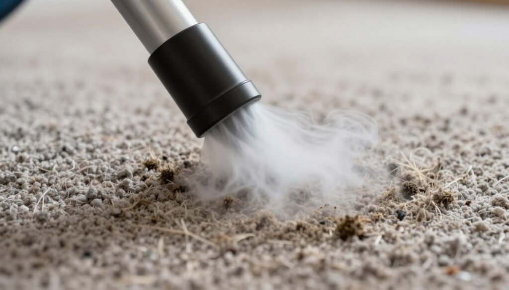 Steam cleaning process removing allergens and dust from carpet fibers in Lake Geneva home