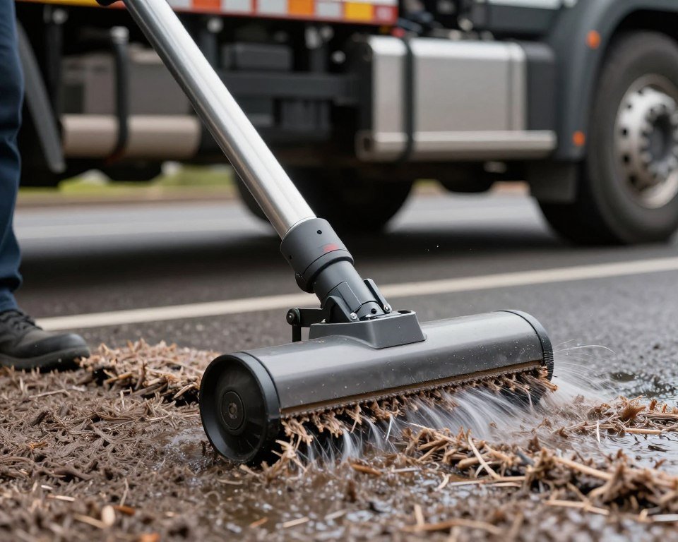Truck-mounted vacuum extraction removing water from carpet