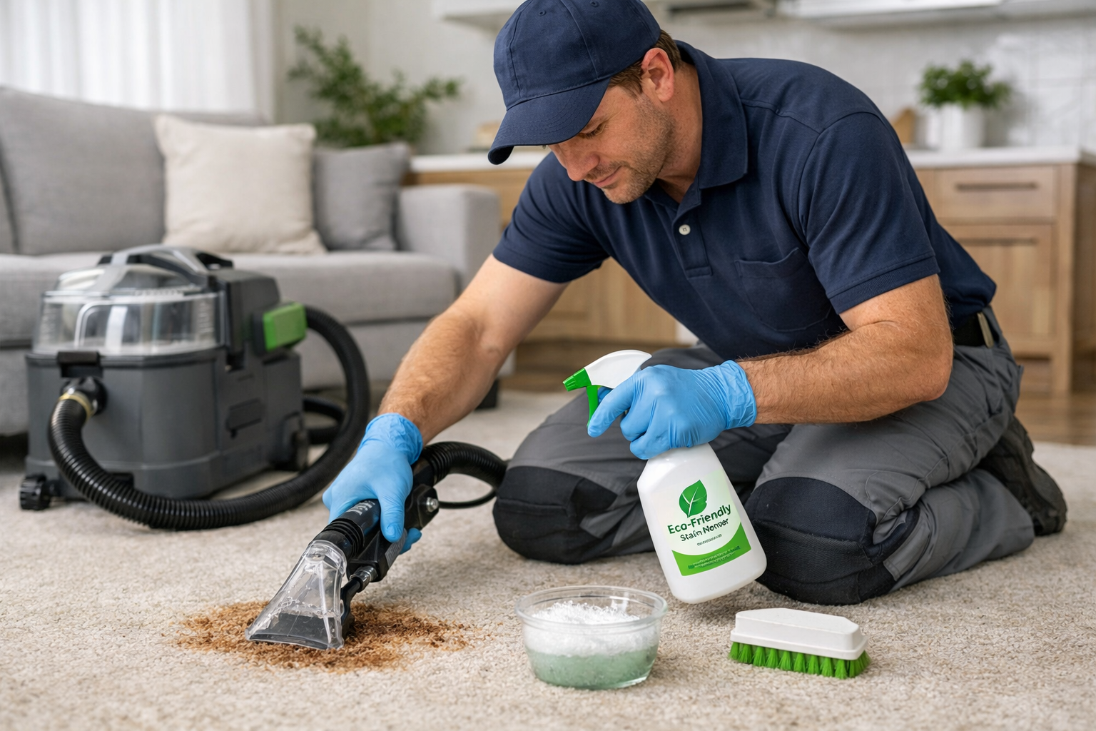 Technician treating stubborn carpet stain
