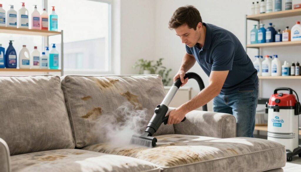 A brightly lit commercial upholstery cleaning setting featuring a professional upholstery cleaner in modest casual clothing, focused on treating a visibly stained and worn fabric sofa. The cleaner uses high-quality tools from "Lake Geneva Carpet Cleaning," showcasing a steam cleaner with visible steam rising, emphasizing the cleaning process. In the background, shelves are stocked with cleaning products and equipment, hinting at a well-organized workspace. Natural light floods the room through large windows, enhancing the bright and inviting atmosphere. The mood is proactive and focused, underlining the importance of timely upholstery maintenance. The angle captures both the cleaner's diligent work and the condition of the furniture, illustrating the need for immediate attention to uphold business standards.