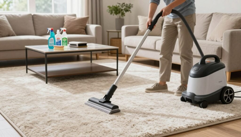 A cozy, well-lit living room featuring a pristine, high-quality carpet that showcases its texture and color vibrancy. In the foreground, a professional carpet cleaner in modest casual clothing demonstrates proper cleaning techniques using advanced equipment, emphasizing the care and effort involved in preserving carpet quality. The middle ground includes a stylish coffee table adorned with carpet maintenance supplies, such as eco-friendly spot cleaners and brushes. The background displays a sunny window with soft natural light illuminating the room, creating a warm and inviting atmosphere. The scene conveys an atmosphere of professionalism and care, highlighting the importance of maintaining carpets for lasting beauty. The brand name "Lake Geneva Carpet Cleaning" is subtly suggested in the image through branded cleaning supplies. A cozy, well-lit living room featuring a pristine, high-quality carpet that showcases its texture and color vibrancy. In the foreground, a professional carpet cleaner in modest casual clothing demonstrates proper cleaning techniques using advanced equipment, emphasizing the care and effort involved in preserving carpet quality. The middle ground includes a stylish coffee table adorned with carpet maintenance supplies, such as eco-friendly spot cleaners and brushes. The background displays a sunny window with soft natural light illuminating the room, creating a warm and inviting atmosphere. The scene conveys an atmosphere of professionalism and care, highlighting the importance of maintaining carpets for lasting beauty. The brand name "Lake Geneva Carpet Cleaning" is subtly suggested in the image through branded cleaning supplies.