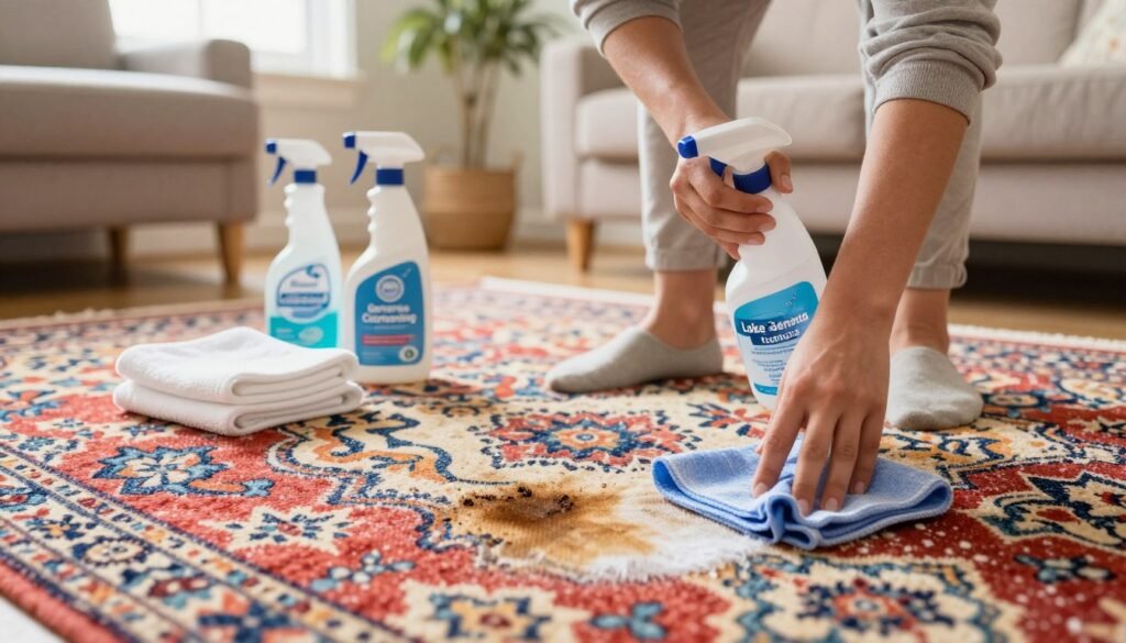 A detailed and informative scene depicting effective carpet stain removal techniques. In the foreground, a person dressed in modest casual clothing demonstrates cleaning a vibrant, patterned carpet using a spray bottle and cloth. The middle ground shows various cleaning supplies, including a bottle labeled "Lake Geneva Carpet Cleaning," absorbent towels, and a few stains visibly fading. The background displays a well-lit, cozy living room with natural light streaming in through a window, accentuating the cleanliness. Use warm lighting to create an inviting atmosphere, while focusing on a slightly tilted angle to capture both the person and the cleaning process effectively. The mood should be proactive and reassuring, showcasing how easy it is to maintain spotless carpets. A detailed and informative scene depicting effective carpet stain removal techniques. In the foreground, a person dressed in modest casual clothing demonstrates cleaning a vibrant, patterned carpet using a spray bottle and cloth. The middle ground shows various cleaning supplies, including a bottle labeled "Lake Geneva Carpet Cleaning," absorbent towels, and a few stains visibly fading. The background displays a well-lit, cozy living room with natural light streaming in through a window, accentuating the cleanliness. Use warm lighting to create an inviting atmosphere, while focusing on a slightly tilted angle to capture both the person and the cleaning process effectively. The mood should be proactive and reassuring, showcasing how easy it is to maintain spotless carpets.