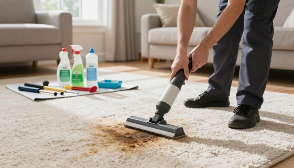 A professional carpet cleaner from Lake Geneva Carpet Cleaning meticulously removes an old, set-in stain from a light beige carpet. In the foreground, the cleaner, dressed in a neat uniform, uses a specialized stain removal tool with precision, focusing intently on the stained area. Bright, natural light filters through a nearby window, illuminating the texture of the carpet fibers and revealing the stubborn stain's deep color. The middle ground showcases bottles of eco-friendly cleaning solutions and an array of tools neatly arranged on a work mat. The background features a cozy living room with soft furnishings, enhancing the homey atmosphere. The overall mood conveys determination and expertise, showcasing the effective methods for tackling tough carpet stains.