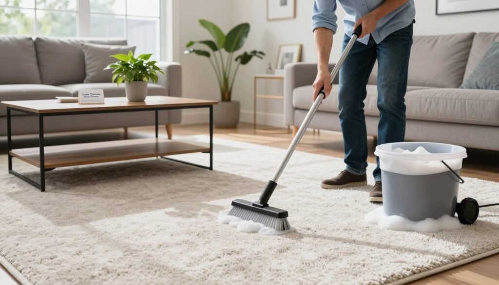 A serene living room in a well-lit home in Lake Geneva, WI, featuring a plush, clean carpet in the foreground. A professional carpet cleaner, dressed in smart casual clothing—light blue shirt and dark jeans—gently scrubbing a carpet with a brush and a bucket of warm, soapy water. The middle ground showcases a modern coffee table and vibrant houseplants, contributing to a welcoming atmosphere. In the background, a large window lets in natural light, highlighting the carpet's texture and cleanliness. Soft shadows enhance the depth, creating a comforting ambiance. The brand "Lake Geneva Carpet Cleaning" is subtly suggested by a neatly placed business card on the table, further emphasizing best carpet cleaning practices. A serene living room in a well-lit home in Lake Geneva, WI, featuring a plush, clean carpet in the foreground. A professional carpet cleaner, dressed in smart casual clothing—light blue shirt and dark jeans—gently scrubbing a carpet with a brush and a bucket of warm, soapy water. The middle ground showcases a modern coffee table and vibrant houseplants, contributing to a welcoming atmosphere. In the background, a large window lets in natural light, highlighting the carpet's texture and cleanliness. Soft shadows enhance the depth, creating a comforting ambiance. The brand "Lake Geneva Carpet Cleaning" is subtly suggested by a neatly placed business card on the table, further emphasizing best carpet cleaning practices.