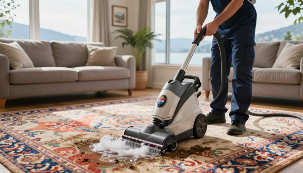 A serene scene depicting a professional from Lake Geneva Carpet Cleaning at work, skillfully removing stains from a vibrant carpet in a cozy Lake Geneva home. In the foreground, the technician, dressed in neat business attire, is using a high-quality carpet cleaning machine, with water and suds visibly lifting dirt from the fabric. The middle ground showcases a lush, well-maintained living room with natural light streaming through large windows, illuminating the carpet's intricate patterns. In the background, glimpses of Lake Geneva can be seen through the windows, adding a tranquil lakeside ambiance. The overall mood is clean, professional, and inviting, capturing the essence of local expertise in carpet cleaning. The image is well-lit, with soft shadows, emphasizing the meticulous work being done. A serene scene depicting a professional from Lake Geneva Carpet Cleaning at work, skillfully removing stains from a vibrant carpet in a cozy Lake Geneva home. In the foreground, the technician, dressed in neat business attire, is using a high-quality carpet cleaning machine, with water and suds visibly lifting dirt from the fabric. The middle ground showcases a lush, well-maintained living room with natural light streaming through large windows, illuminating the carpet's intricate patterns. In the background, glimpses of Lake Geneva can be seen through the windows, adding a tranquil lakeside ambiance. The overall mood is clean, professional, and inviting, capturing the essence of local expertise in carpet cleaning. The image is well-lit, with soft shadows, emphasizing the meticulous work being done.