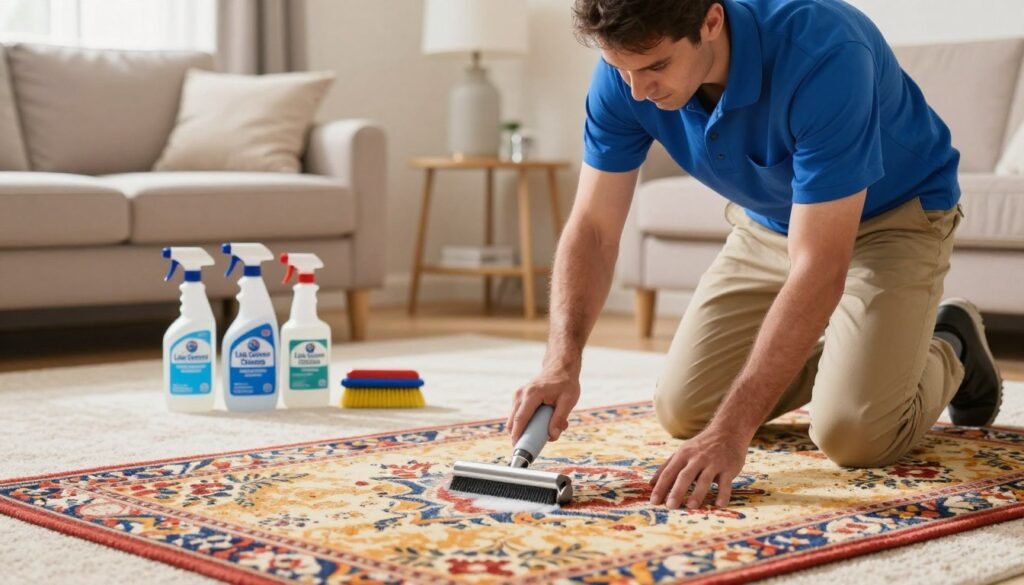 A well-lit room showcasing expert carpet stain removal techniques. In the foreground, a professional carpet cleaner wearing a blue shirt and khaki pants is meticulously applying a stain remover to a vibrant area rug, demonstrating care and expertise. The middle ground features various cleaning supplies neatly arranged, including spray bottles and brushes, emphasizing professionalism. In the background, a clean and cozy living room with warm lighting highlights well-maintained carpets, creating a welcoming atmosphere. The overall mood conveys trust and expertise, with a focus on the brand "Lake Geneva Carpet Cleaning," ensuring a sense of reliability and authority in carpet care. The image is bright and inviting, with soft shadows for added depth.