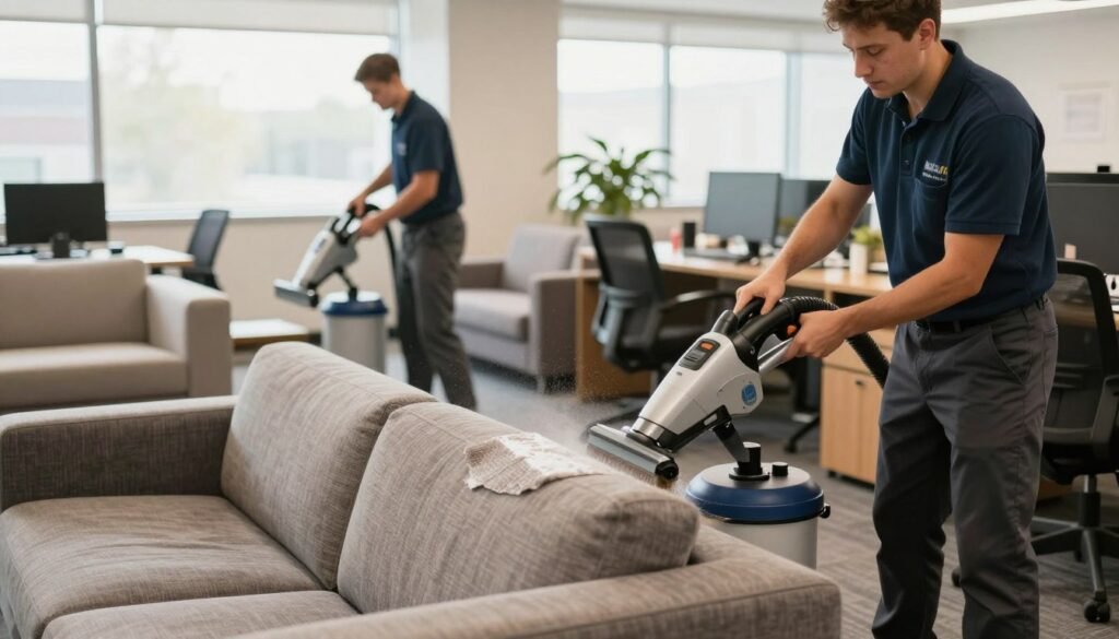 A well-organized commercial upholstery cleaning scene featuring a professional team from Lake Geneva Carpet Cleaning diligently cleaning high-traffic office furniture. In the foreground, show an employee in professional attire using a specialized cleaning machine on a fabric sofa, with visible dirt extraction and bright, fresh colors emerging. In the middle ground, depict a busy office environment with various office chairs and couches that display a before-and-after contrast. The background includes large windows with natural light streaming in, enhancing the cleanliness of the scene. Use soft, warm lighting to create an inviting atmosphere, and capture the image from a slightly lower angle to showcase the effectiveness of the cleaning process. The overall mood should convey professionalism, efficiency, and a commitment to quality service.